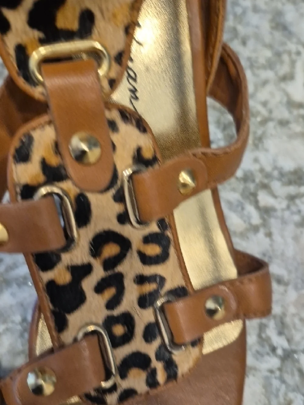 Beverly Feldman Tan Strappy Heels with Leopard-Print Panel